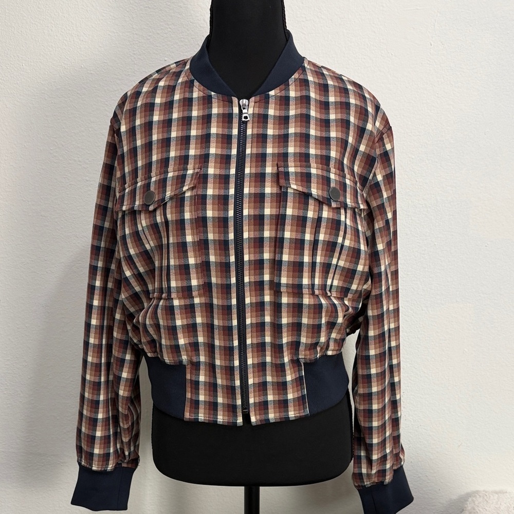Kenneth‎ Cole Women's Chequered Cropped Bomber Jacket in Russet/Dark Navy Multi - Picture 5 of 13